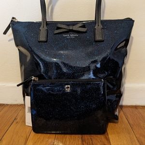 Kate Spade blue glitter tote with coin purse NWT